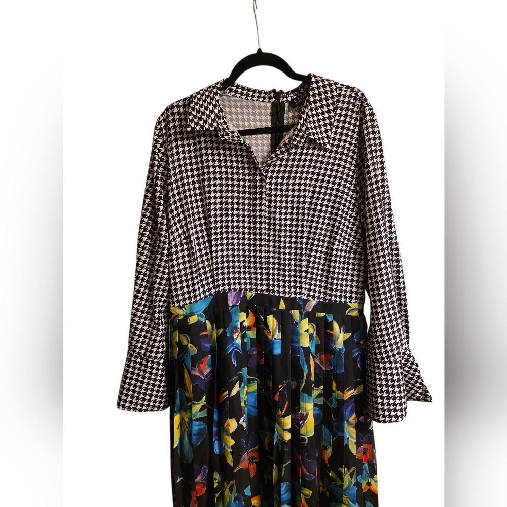 ELOQUII Retro Houndstooth Floral Pleated Midi Dress - Size 18 - Picture 4 of 11